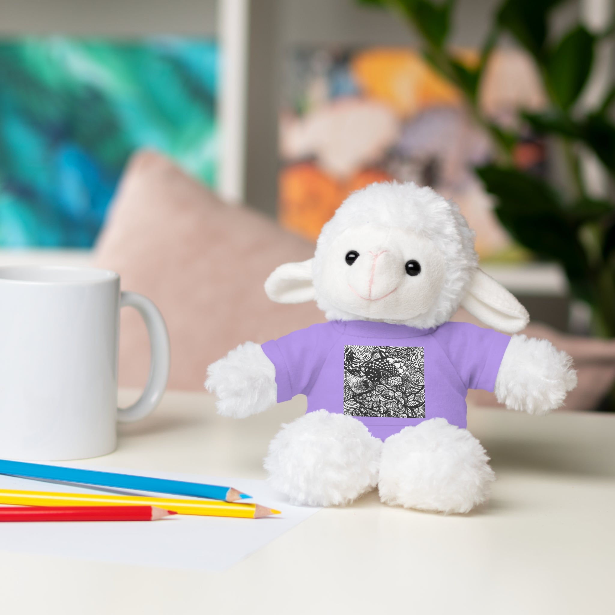 Black and White Zentangle Stuffed Animal Gift with Printed Tee
