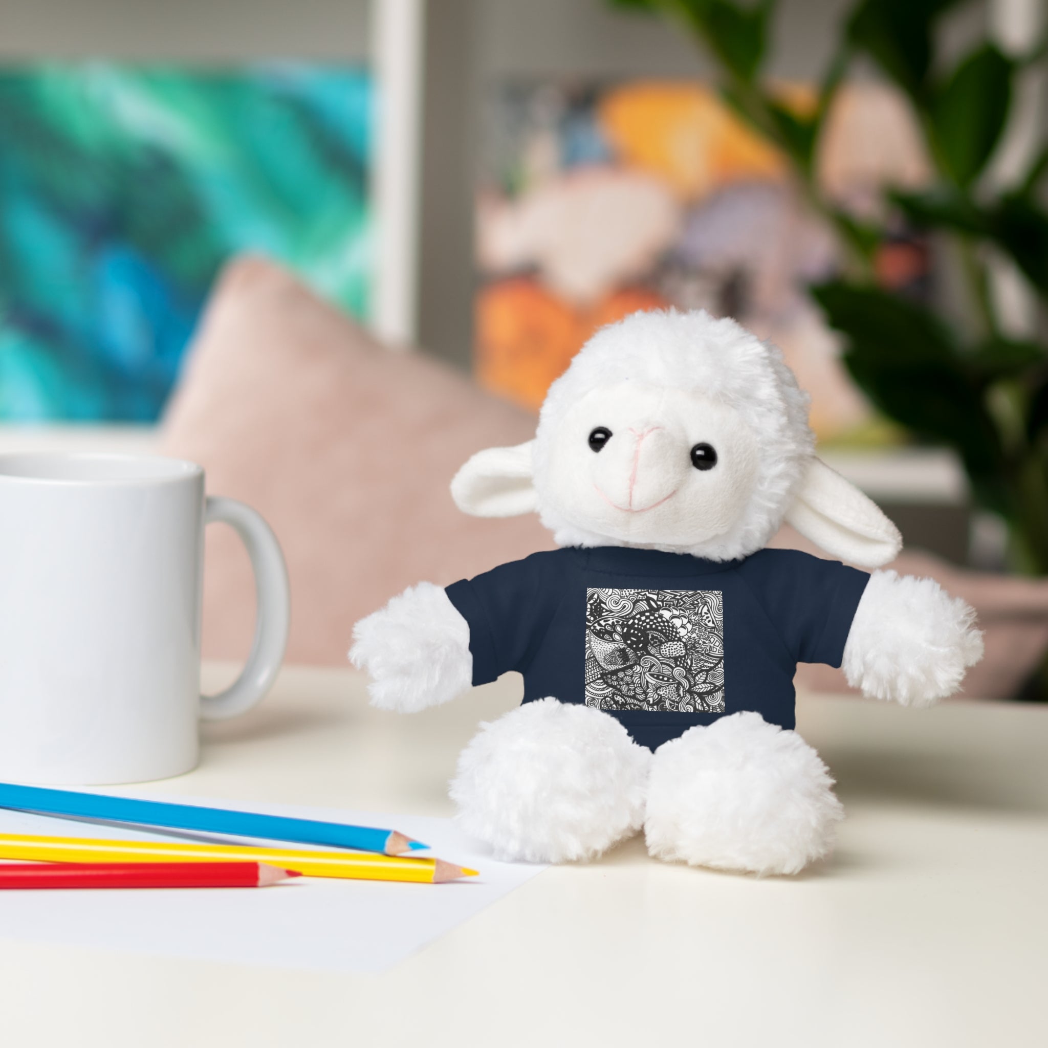 Black and White Zentangle Stuffed Animal Gift with Printed Tee