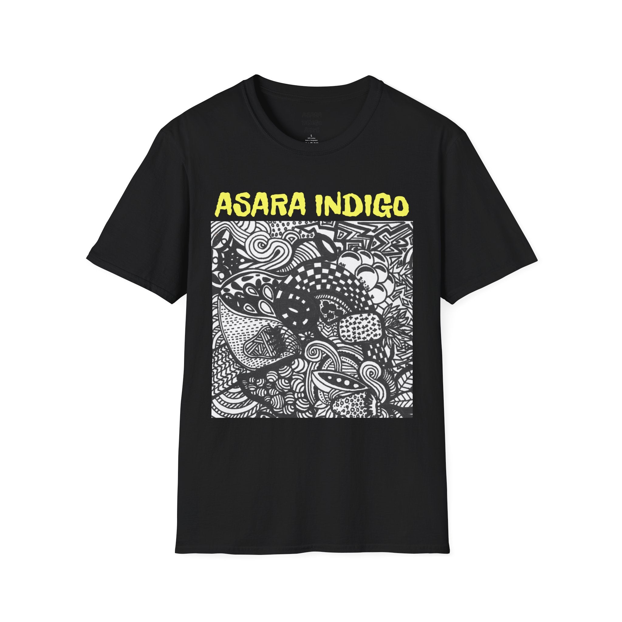 Indigo Doodle Art T-Shirt — 'ASARA INDIGO' Black & White Abstract Graphic Tee