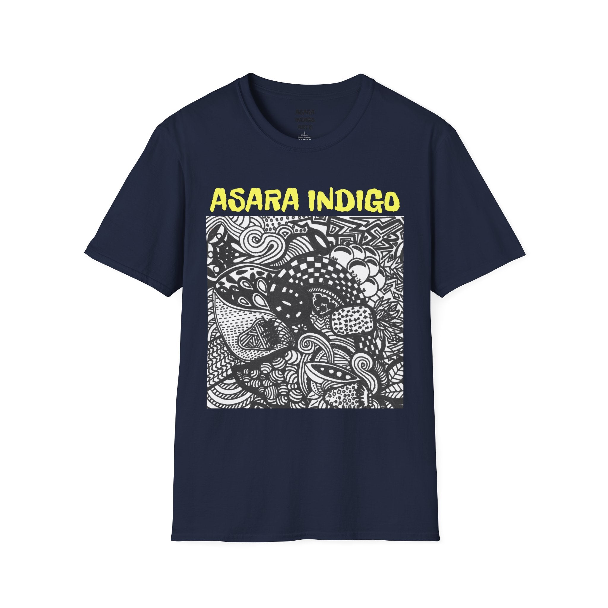 Indigo Doodle Art T-Shirt — 'ASARA INDIGO' Black & White Abstract Graphic Tee