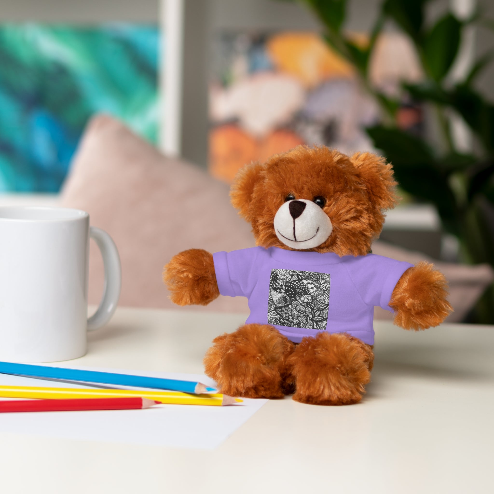 Black and White Zentangle Stuffed Animal Gift with Printed Tee