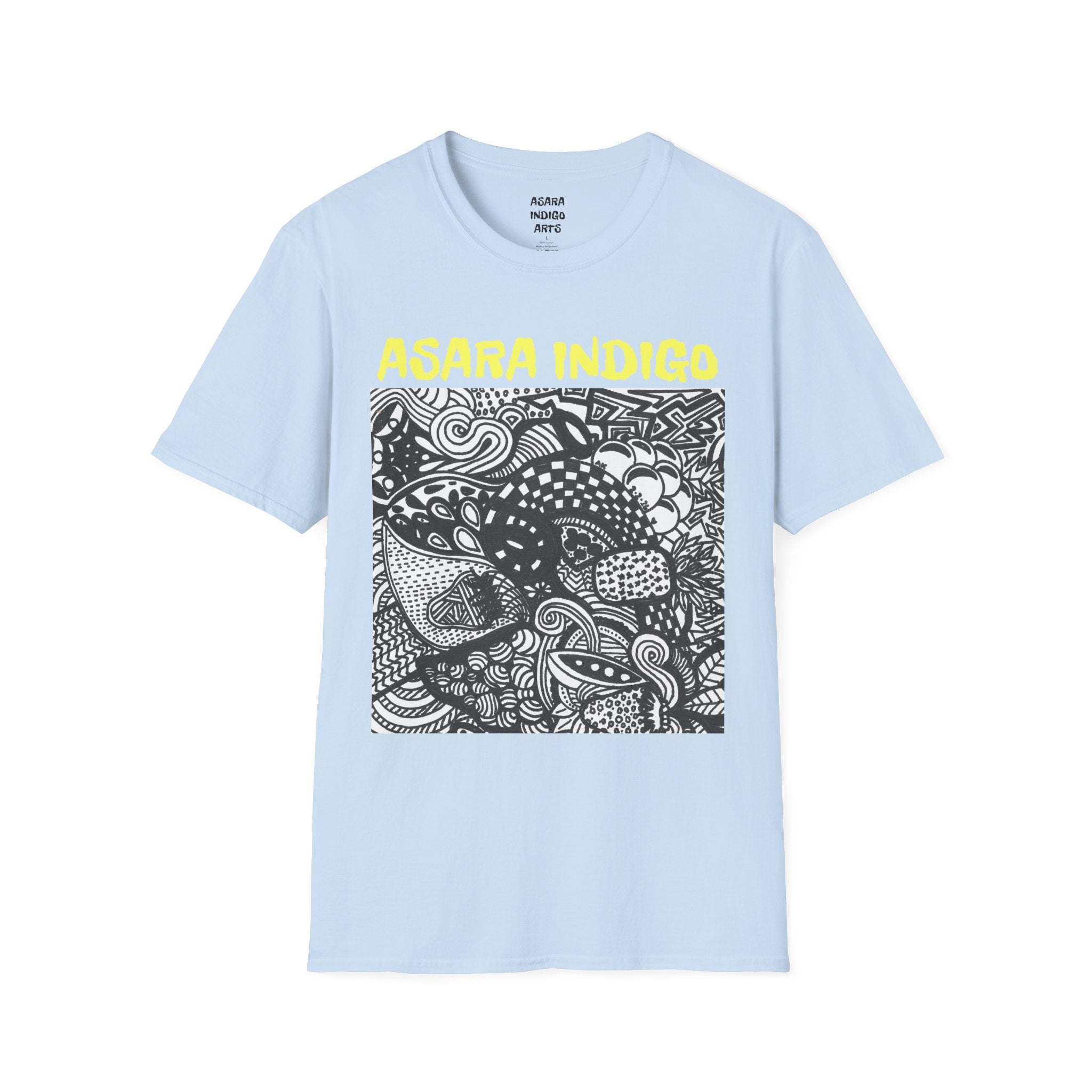 Indigo Doodle Art T-Shirt — 'ASARA INDIGO' Black & White Abstract Graphic Tee