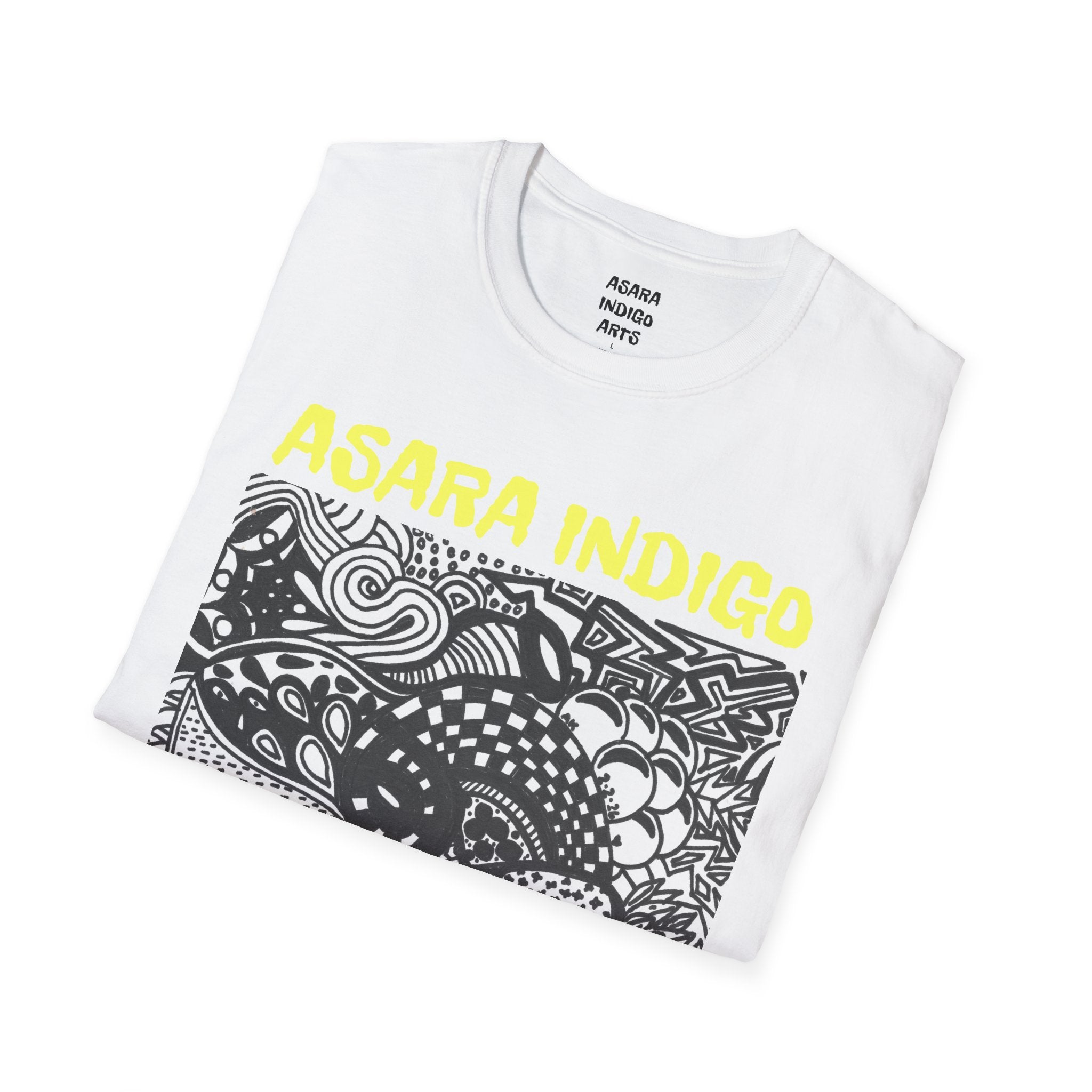 Indigo Doodle Art T-Shirt — 'ASARA INDIGO' Black & White Abstract Graphic Tee