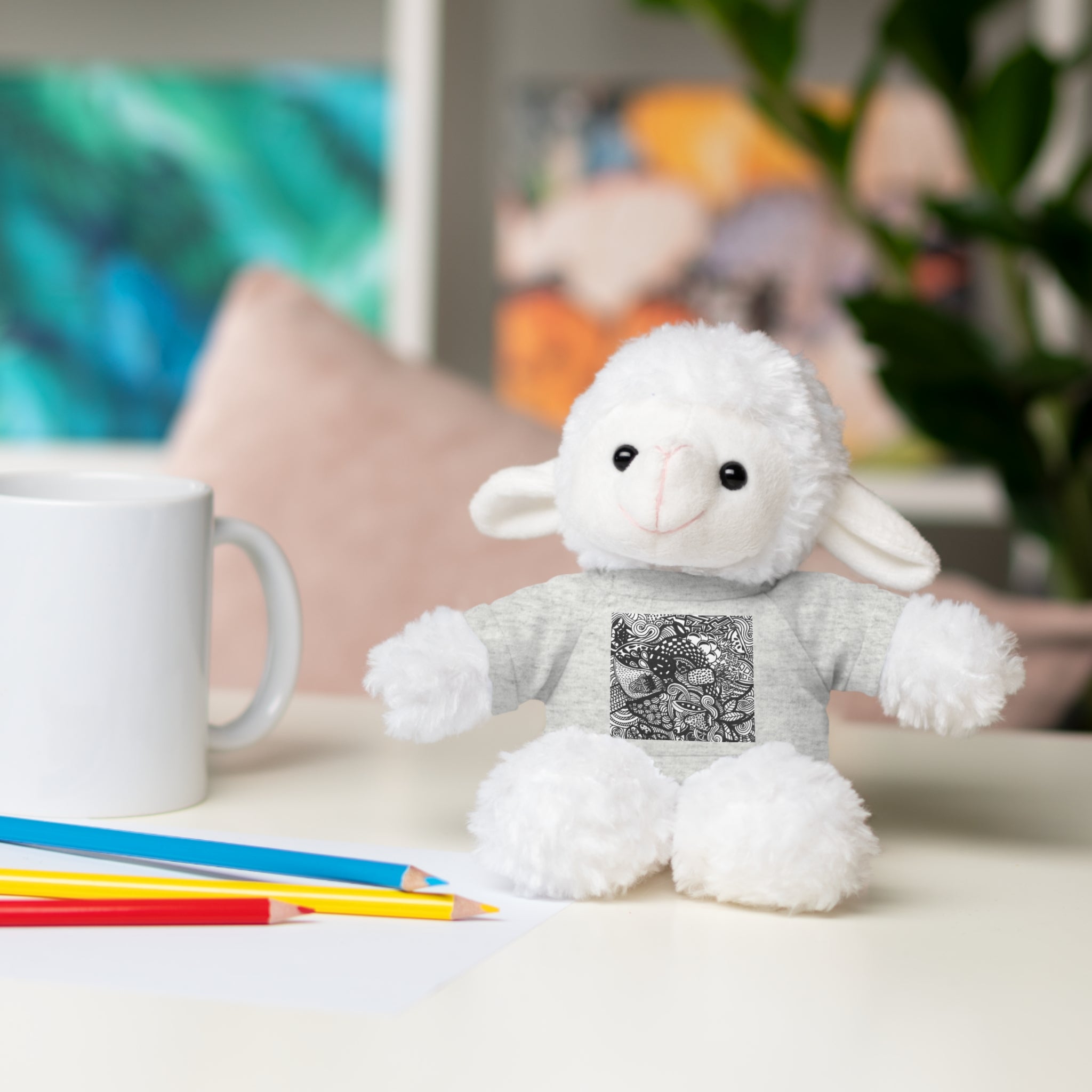 Black and White Zentangle Stuffed Animal Gift with Printed Tee