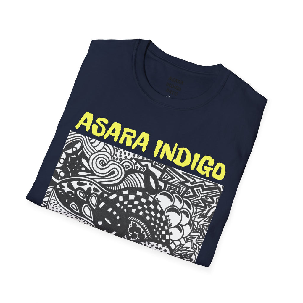 Indigo Doodle Art T-Shirt — 'ASARA INDIGO' Black & White Abstract Graphic Tee