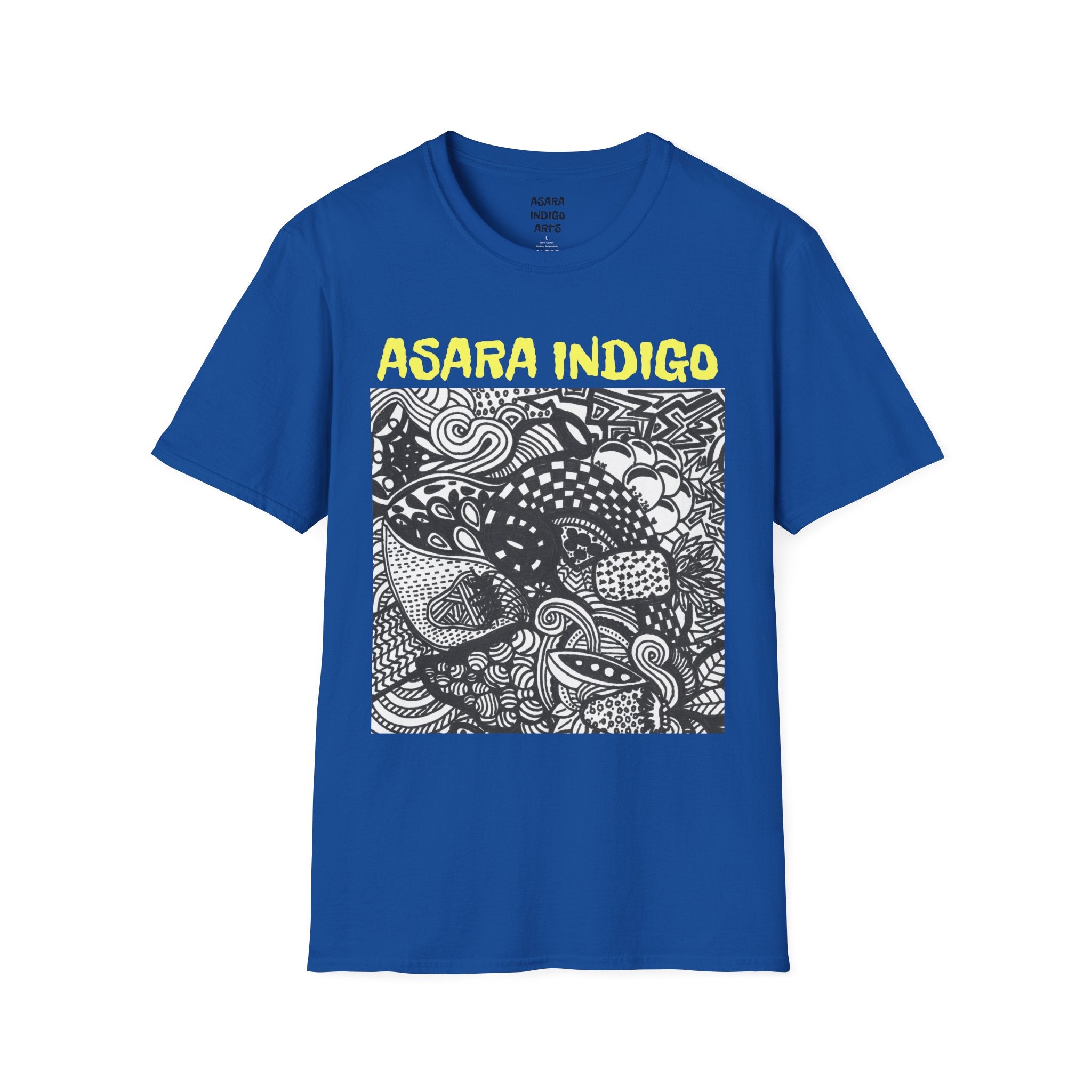 Indigo Doodle Art T-Shirt — 'ASARA INDIGO' Black & White Abstract Graphic Tee