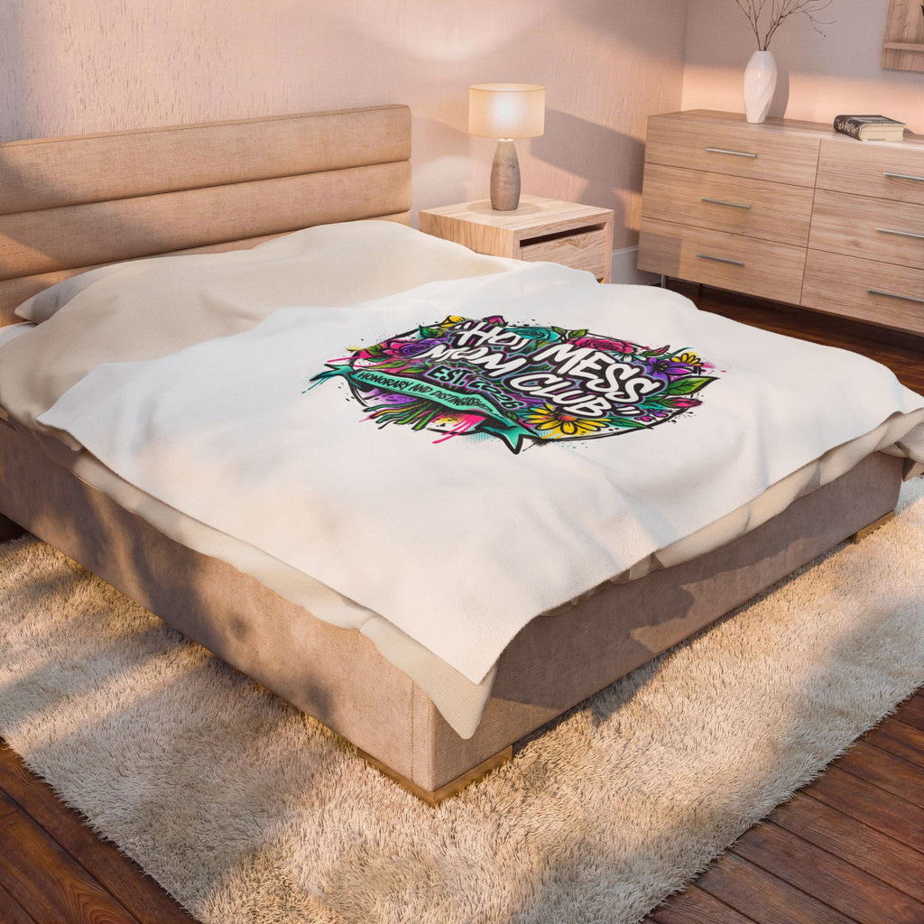 Hot Mess Mom Club Velveteen Plush Blanket | Mother’s Day minimalist typographic mom décor