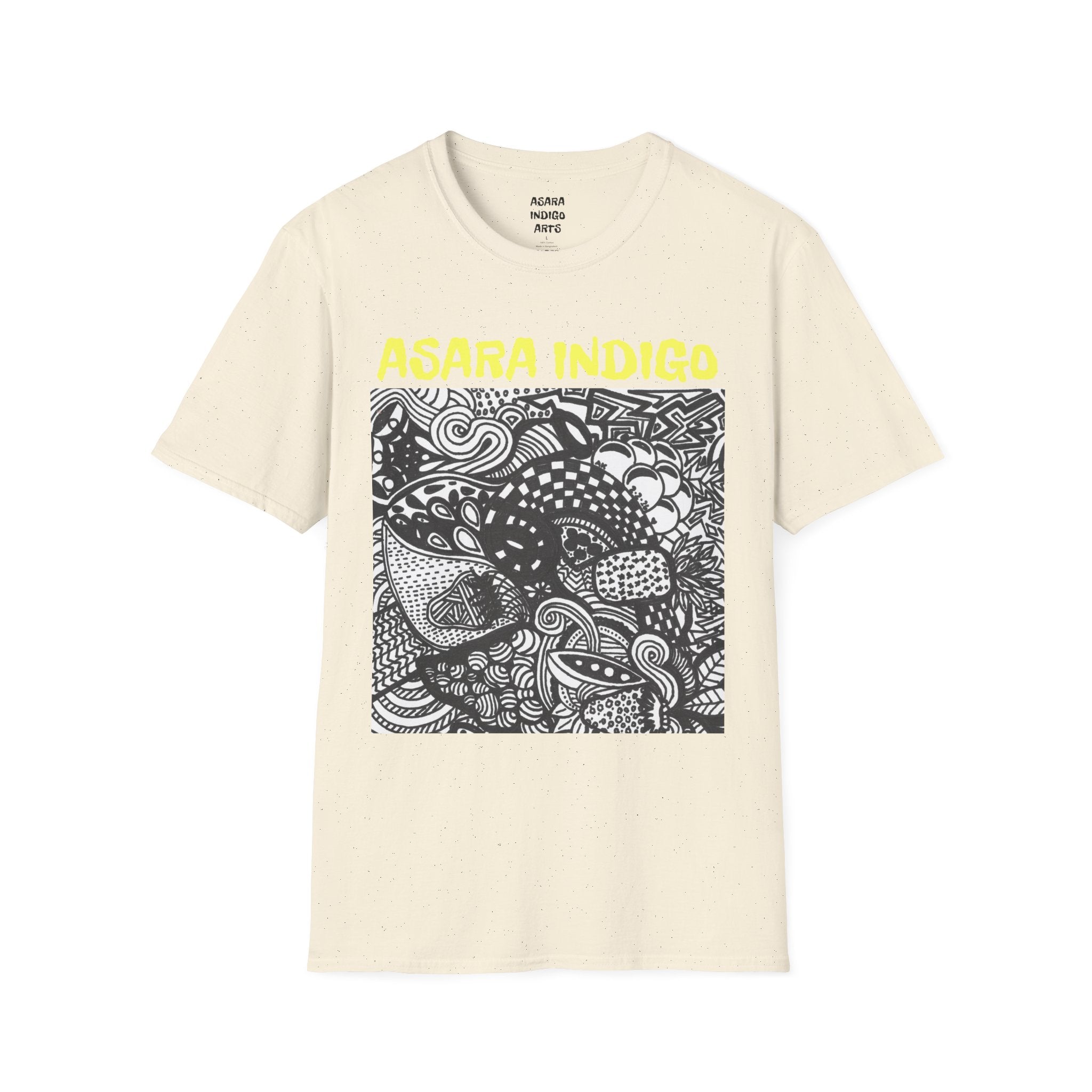 Indigo Doodle Art T-Shirt — 'ASARA INDIGO' Black & White Abstract Graphic Tee