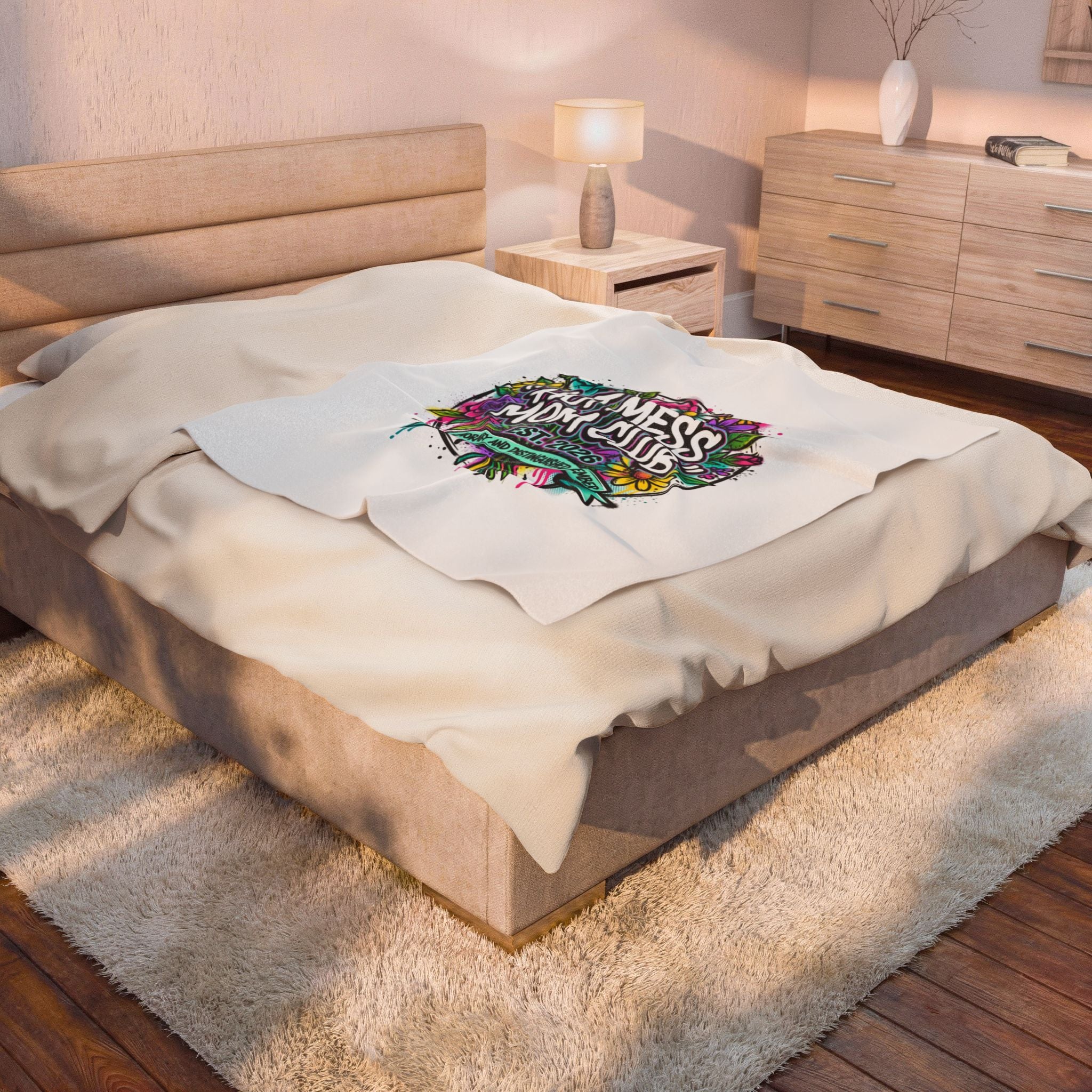 Hot Mess Mom Club Velveteen Plush Blanket | Mother’s Day minimalist typographic mom décor