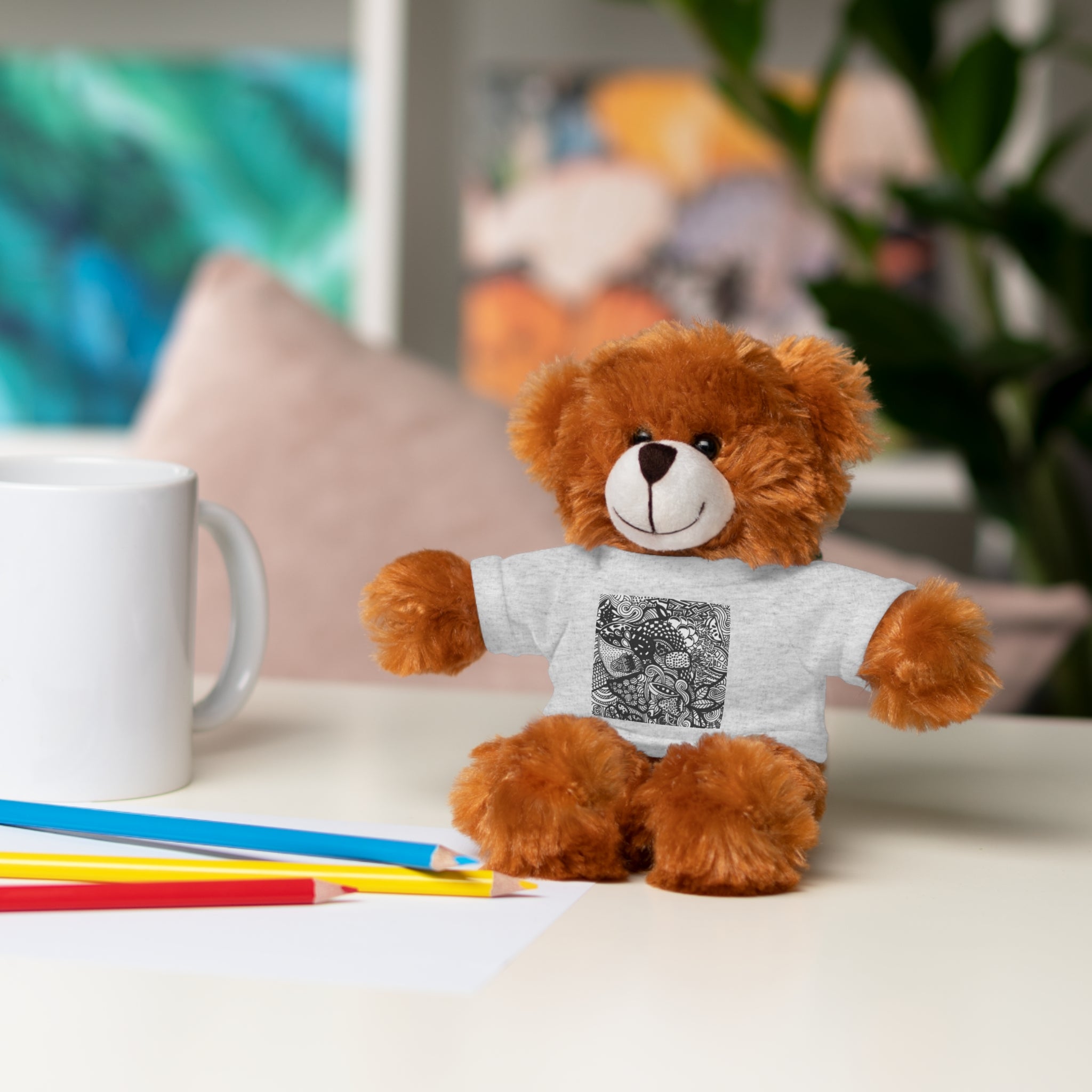 Black and White Zentangle Stuffed Animal Gift with Printed Tee