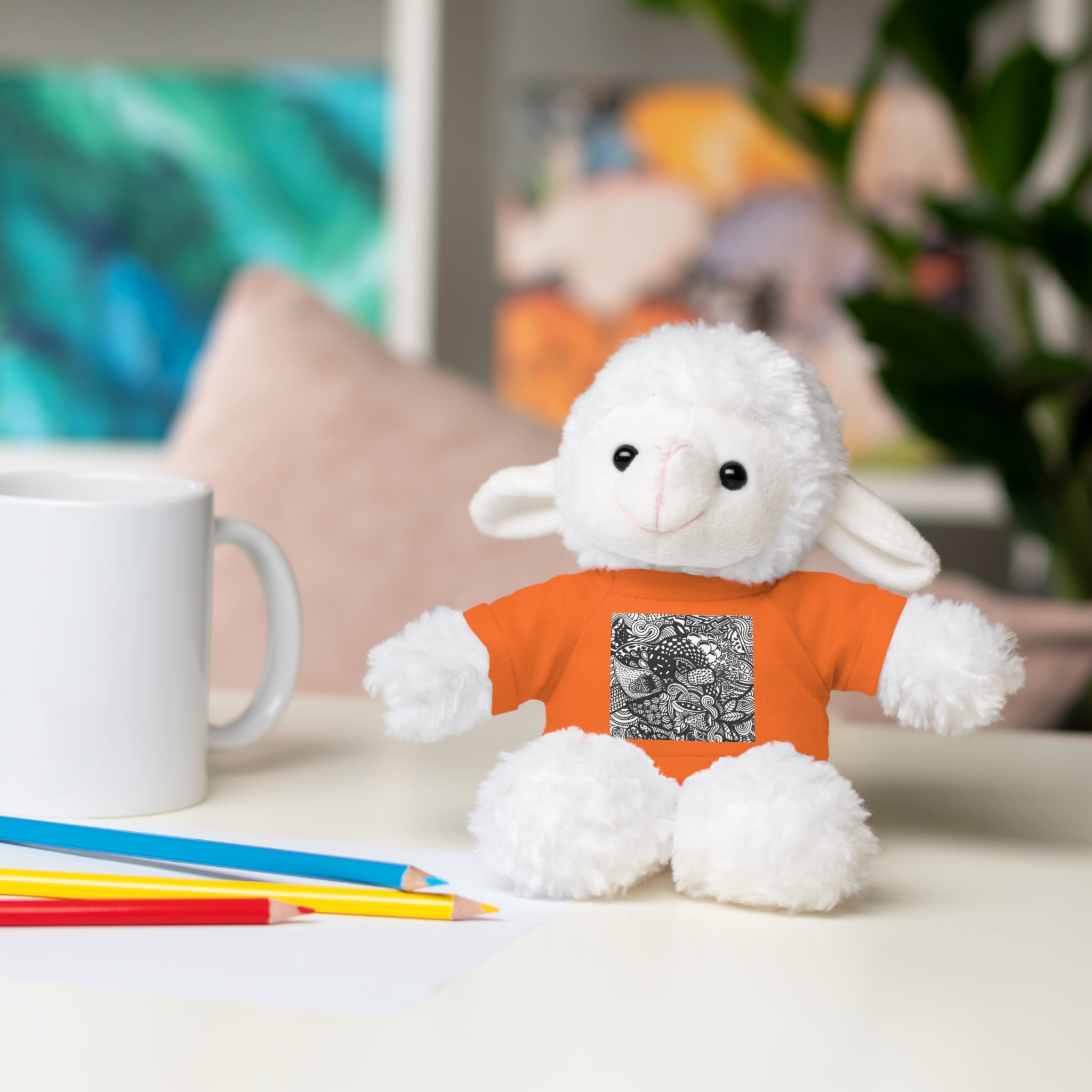 Black and White Zentangle Stuffed Animal Gift with Printed Tee