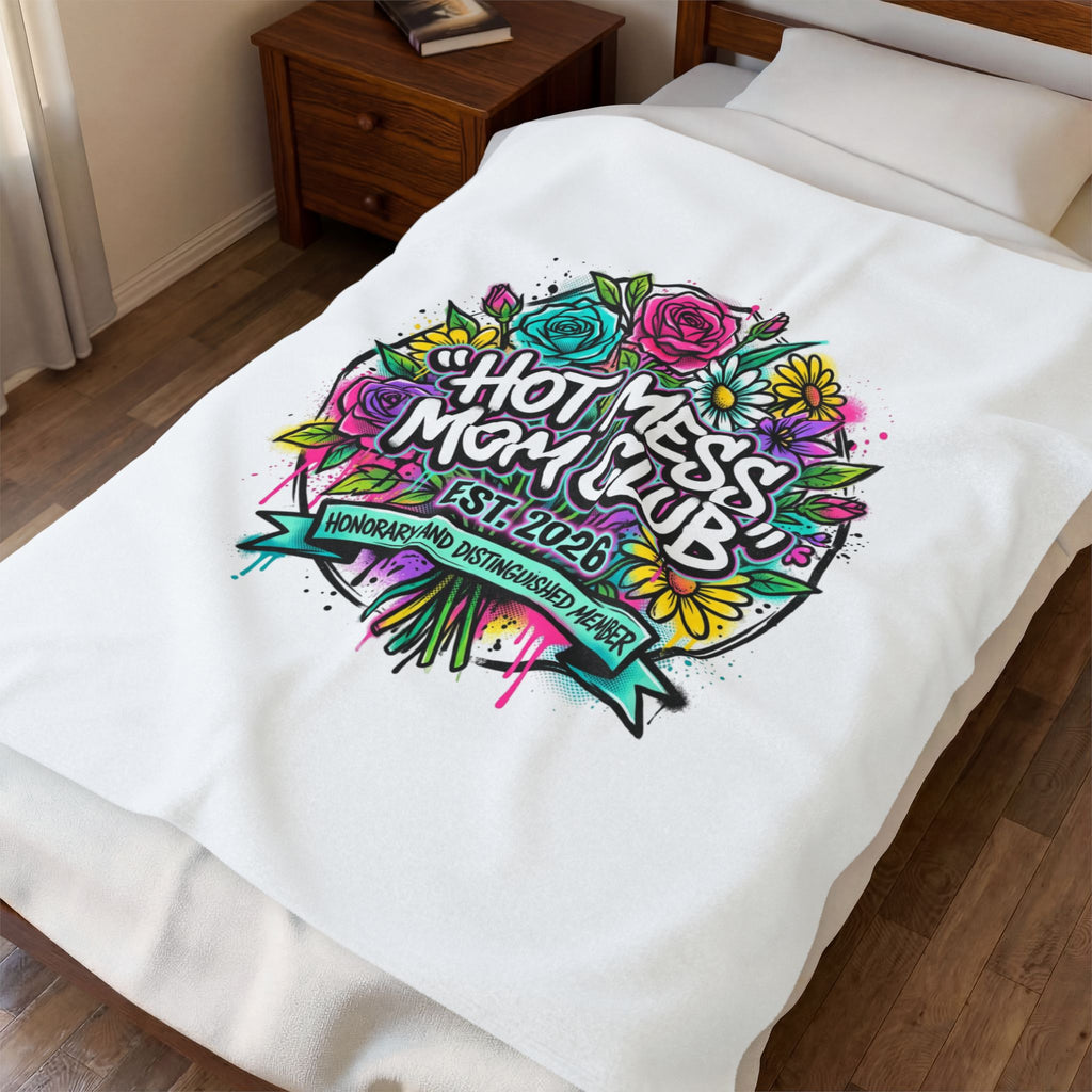 Hot Mess Mom Club Velveteen Plush Blanket | Mother’s Day minimalist typographic mom décor