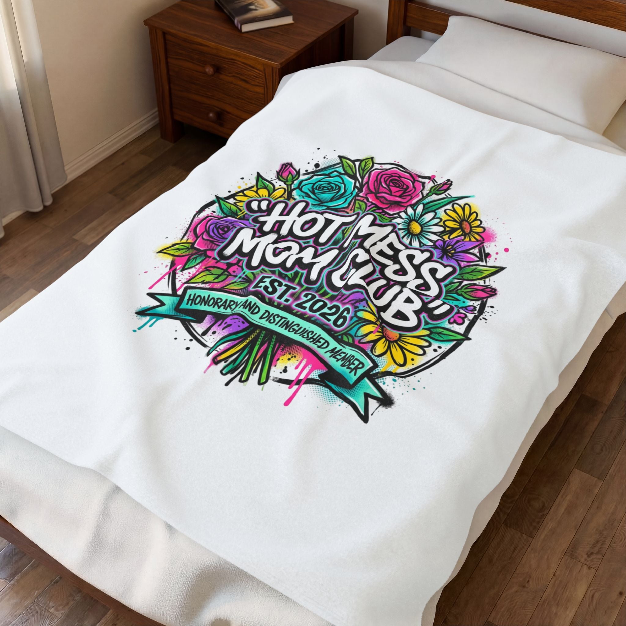 Hot Mess Mom Club Velveteen Plush Blanket | Mother’s Day minimalist typographic mom décor