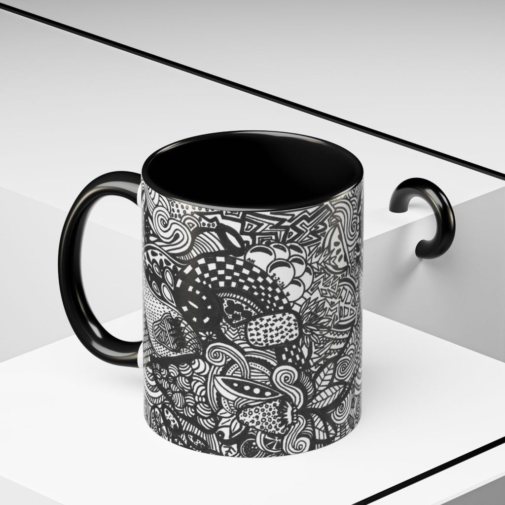 Black and White Doodle Pattern Accent Coffee Mug | 11oz 15oz