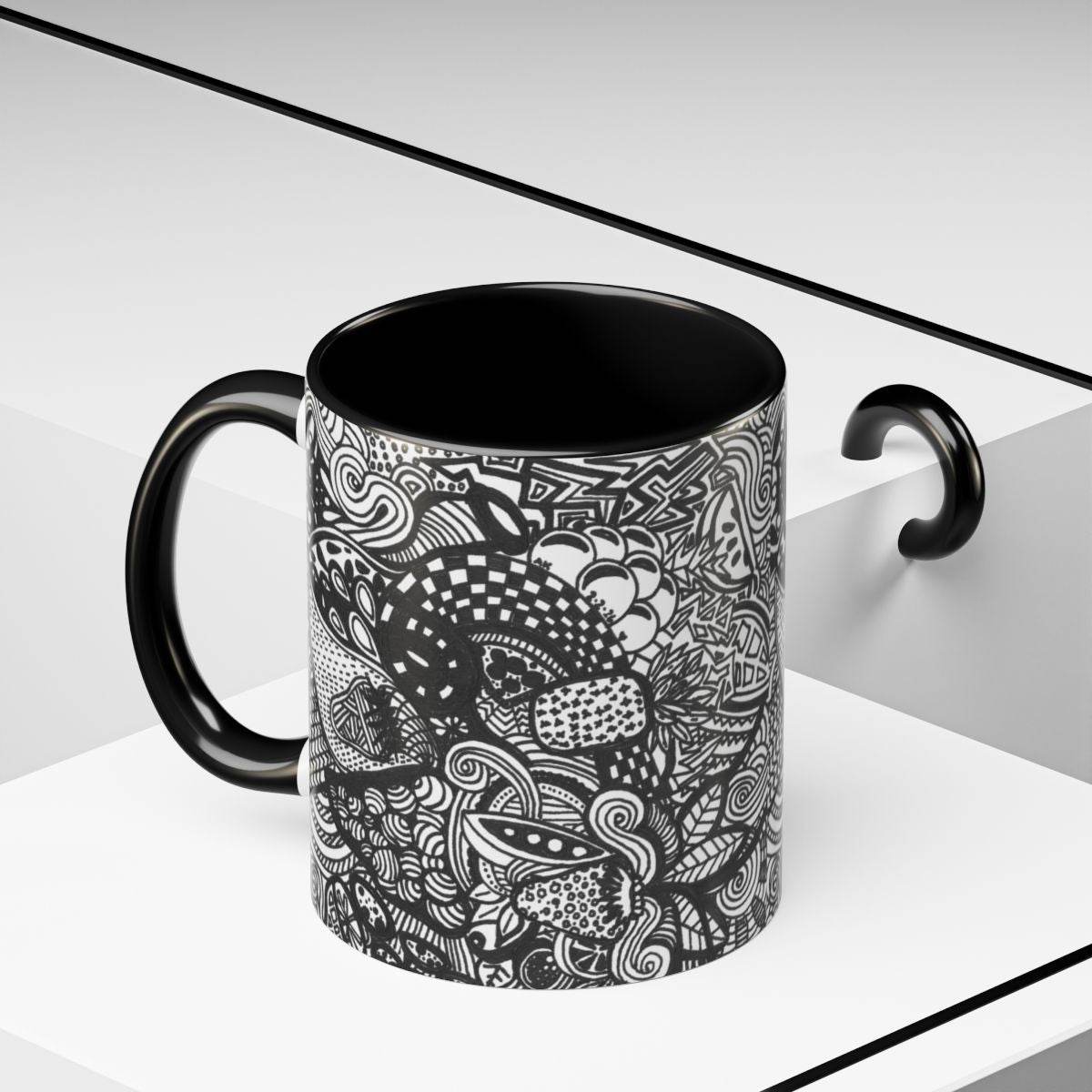 Black and White Doodle Pattern Accent Coffee Mug | 11oz 15oz
