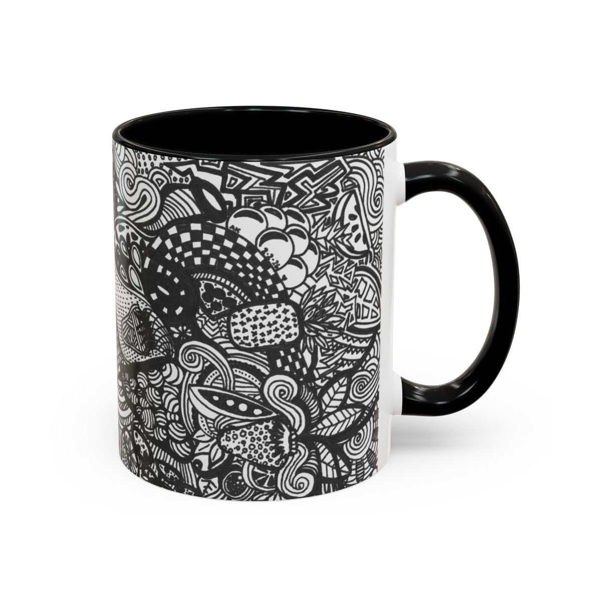Black and White Doodle Pattern Accent Coffee Mug | 11oz 15oz