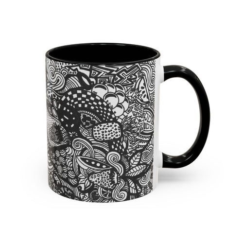 Black and White Doodle Pattern Accent Coffee Mug | 11oz 15oz