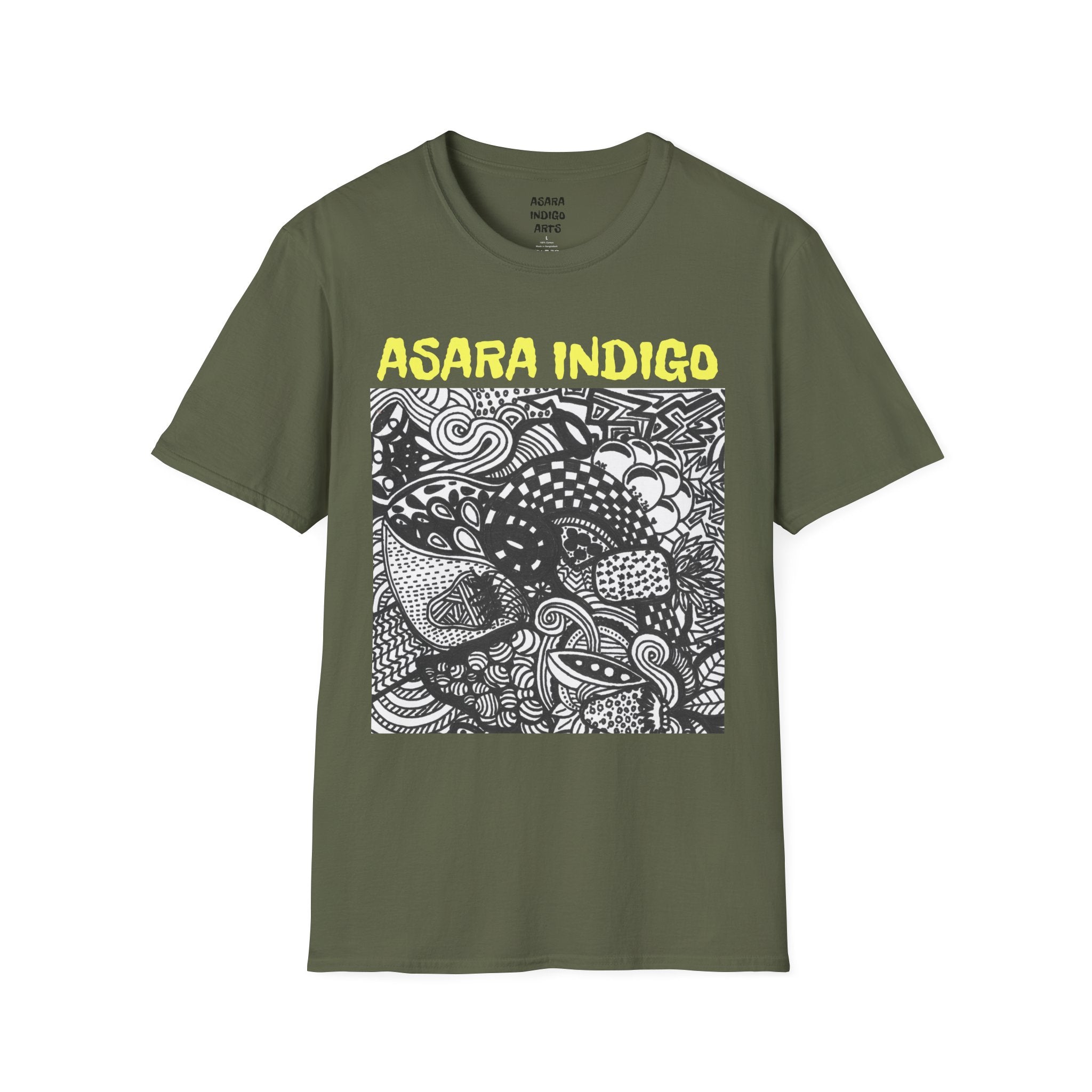 Indigo Doodle Art T-Shirt — 'ASARA INDIGO' Black & White Abstract Graphic Tee