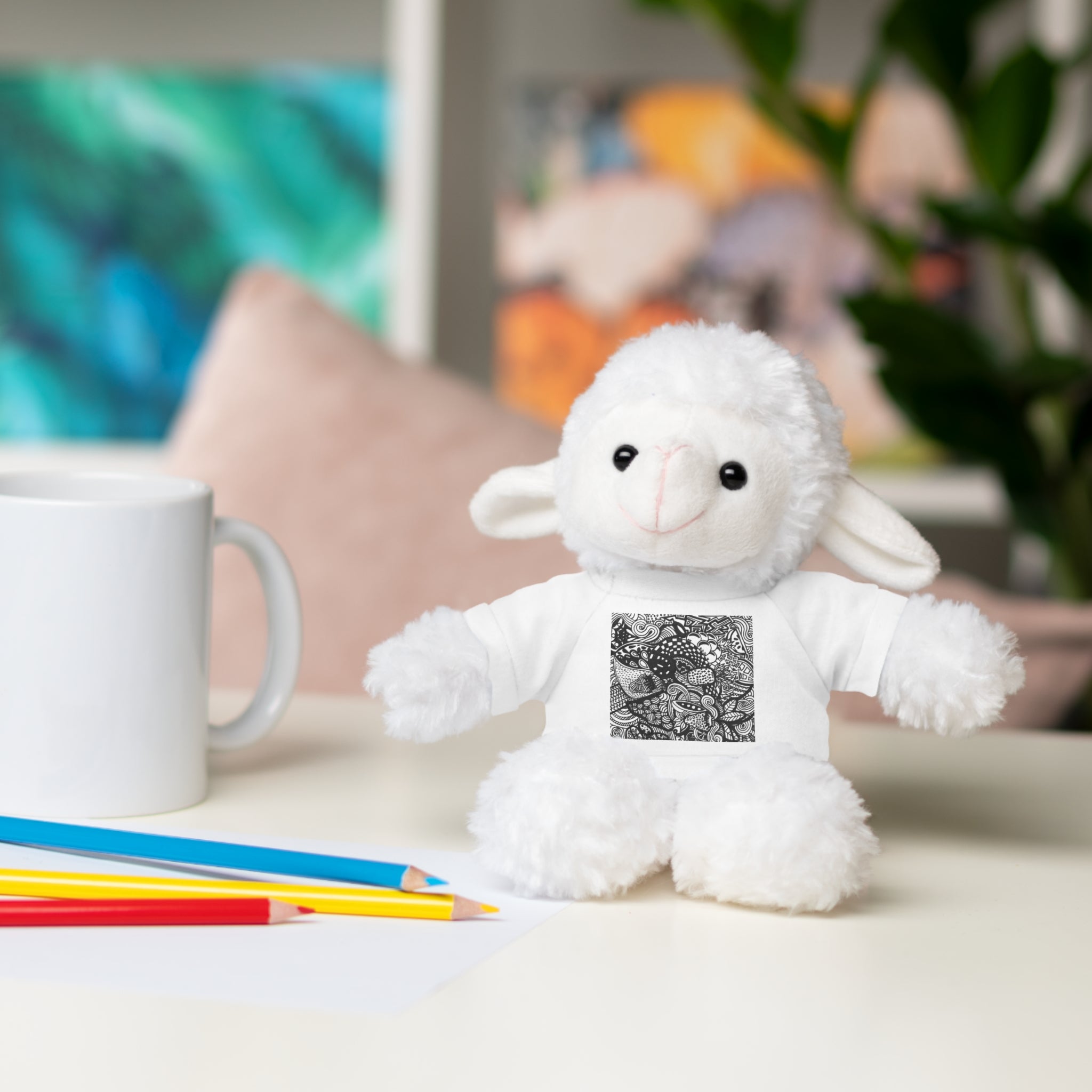 Black and White Zentangle Stuffed Animal Gift with Printed Tee