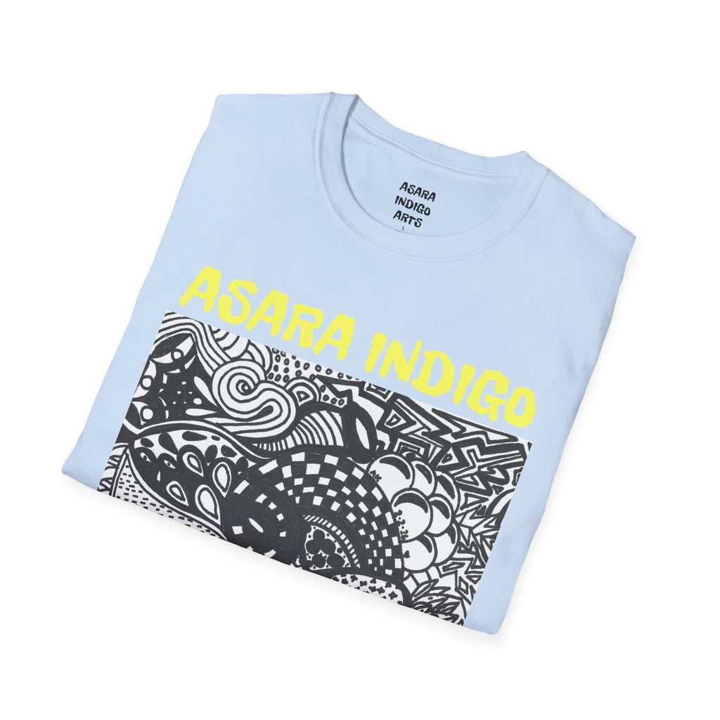 Indigo Doodle Art T-Shirt — 'ASARA INDIGO' Black & White Abstract Graphic Tee