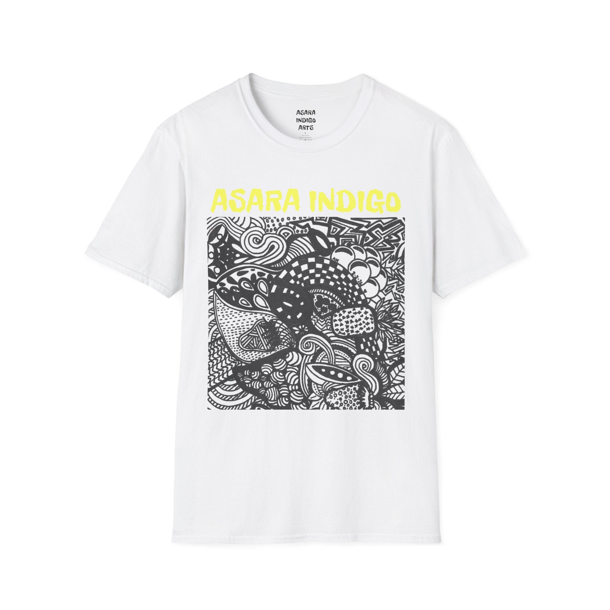 Indigo Doodle Art T-Shirt — 'ASARA INDIGO' Black & White Abstract Graphic Tee