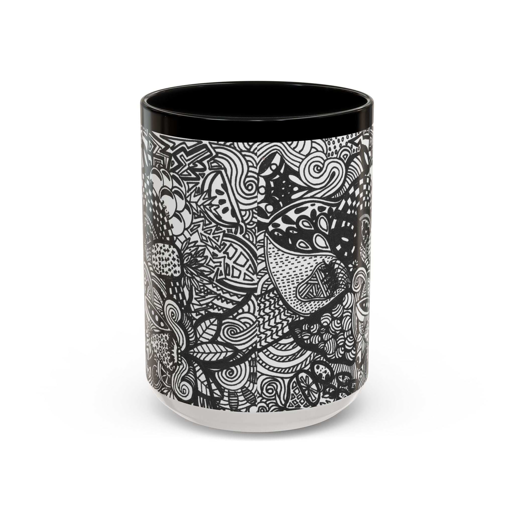Black and White Doodle Pattern Accent Coffee Mug | 11oz 15oz