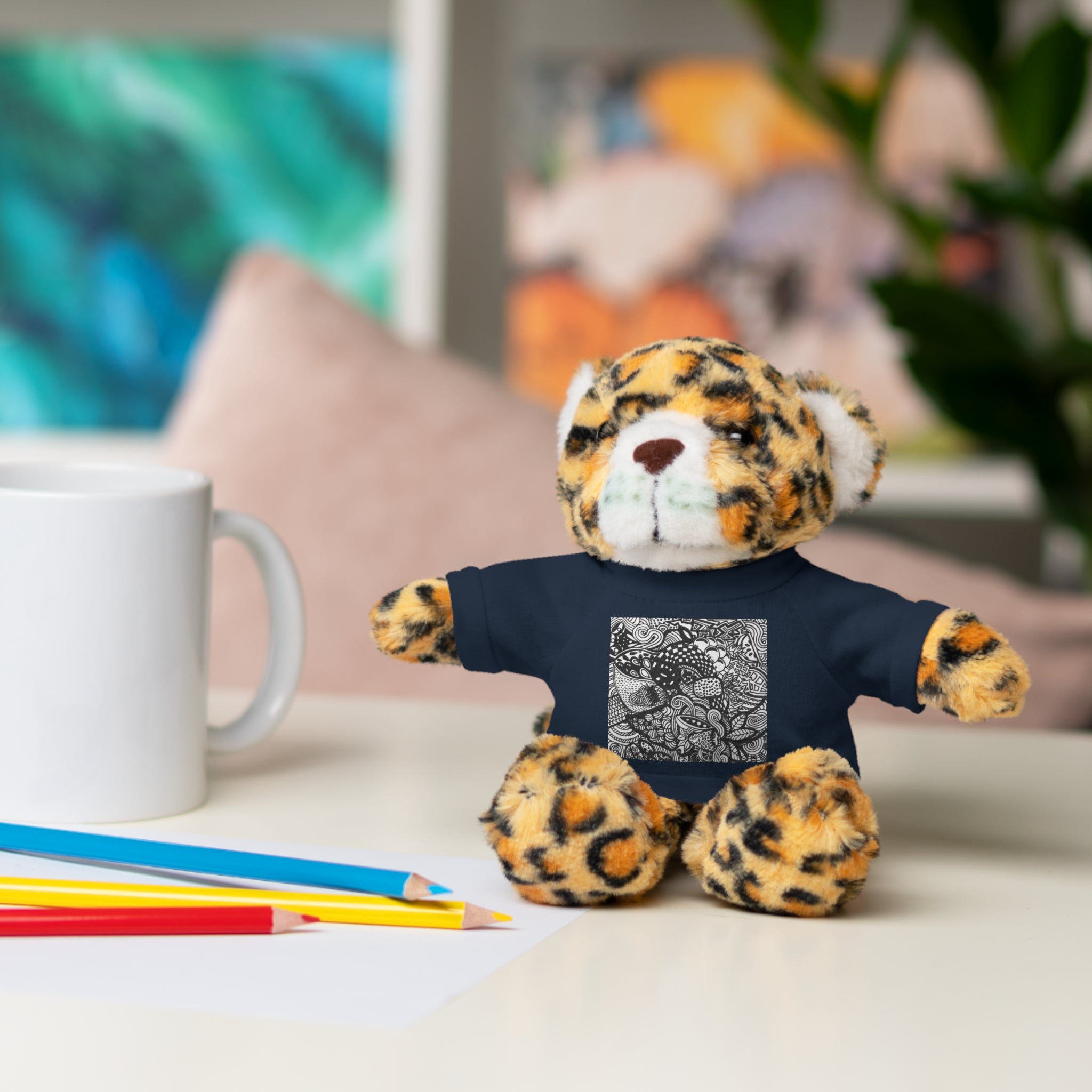 Black and White Zentangle Stuffed Animal Gift with Printed Tee