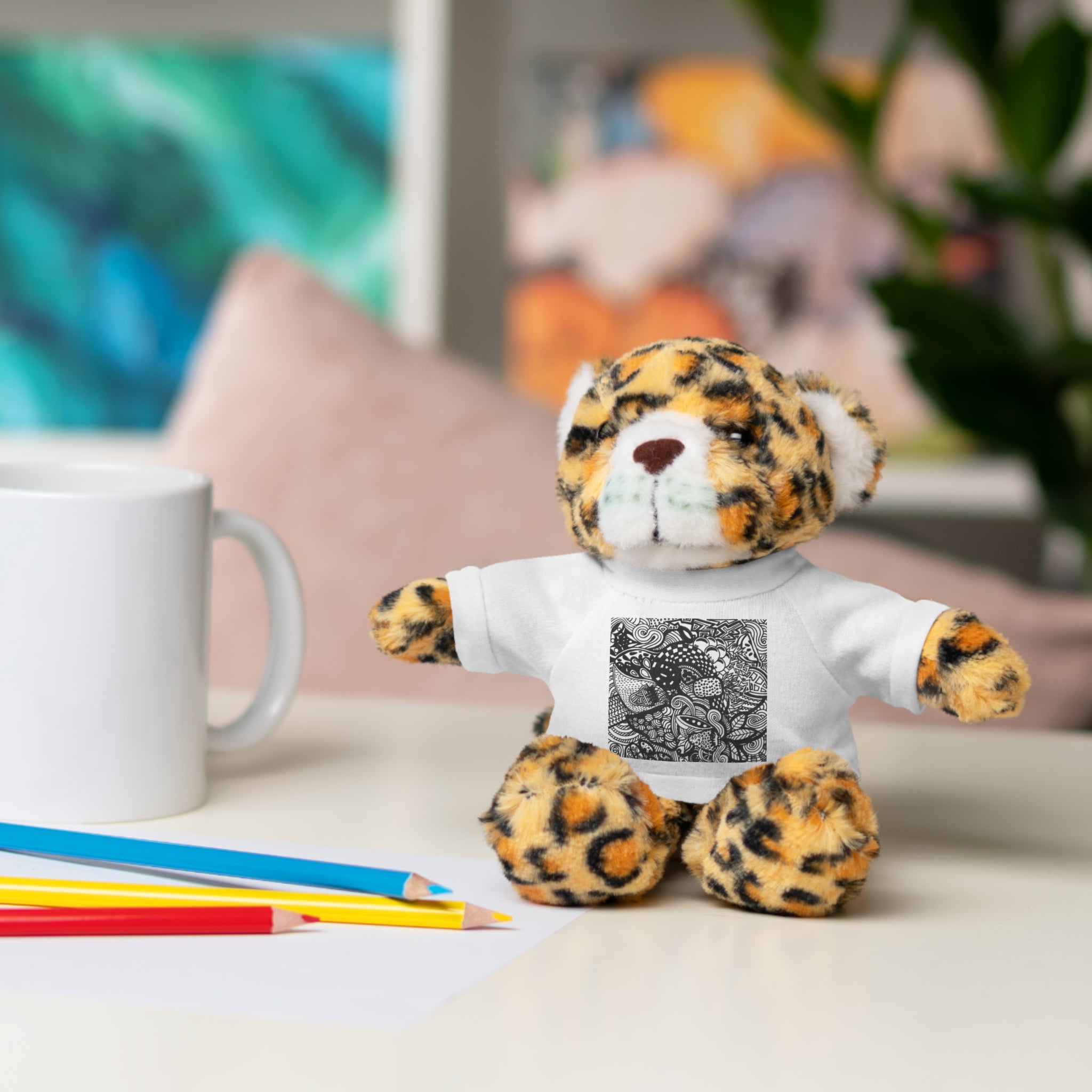 Black and White Zentangle Stuffed Animal Gift with Printed Tee