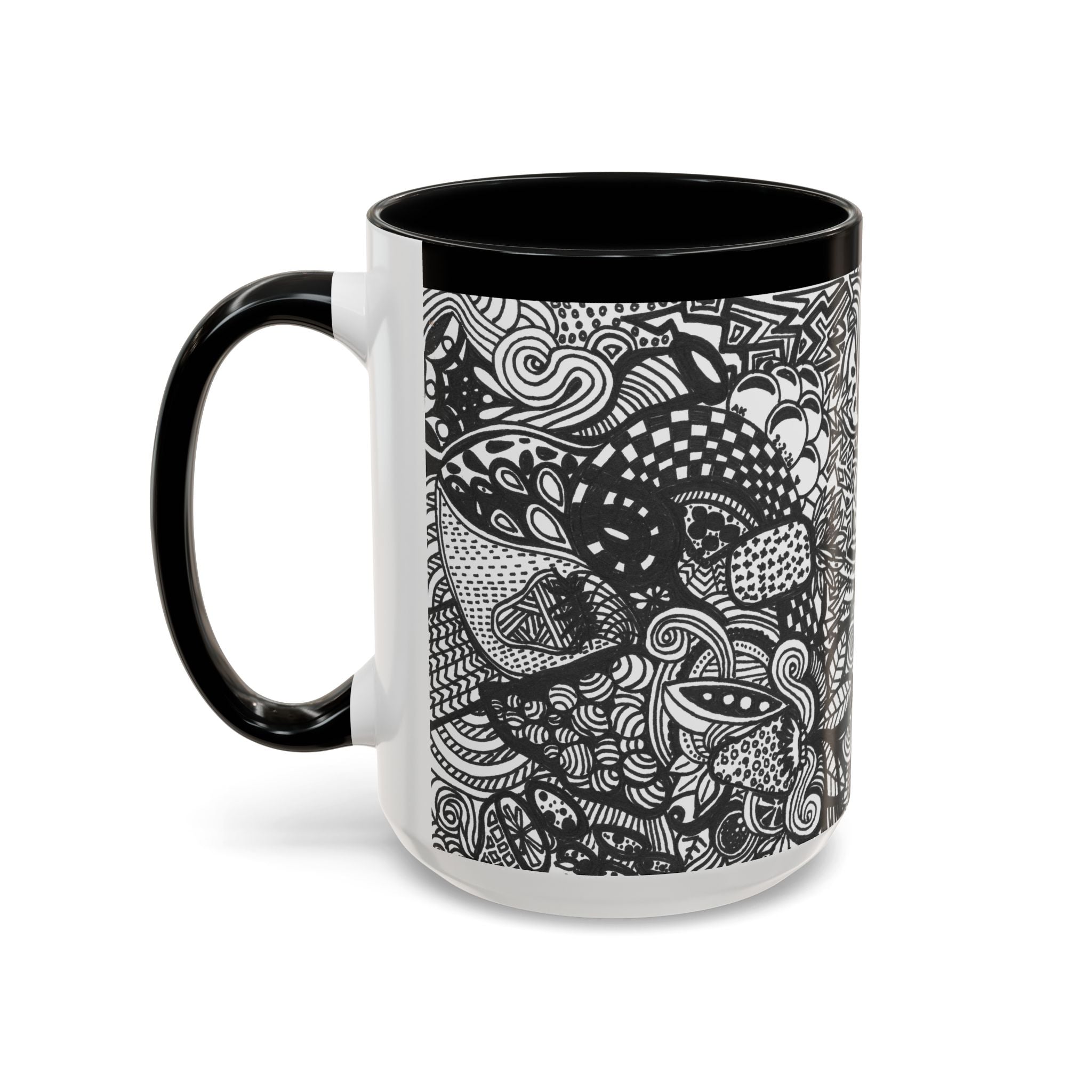 Black and White Doodle Pattern Accent Coffee Mug | 11oz 15oz