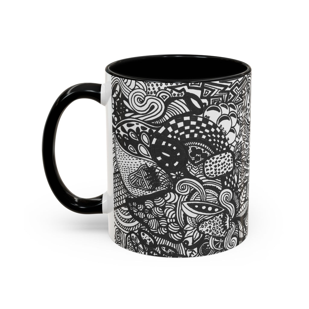 Black and White Doodle Pattern Accent Coffee Mug | 11oz 15oz
