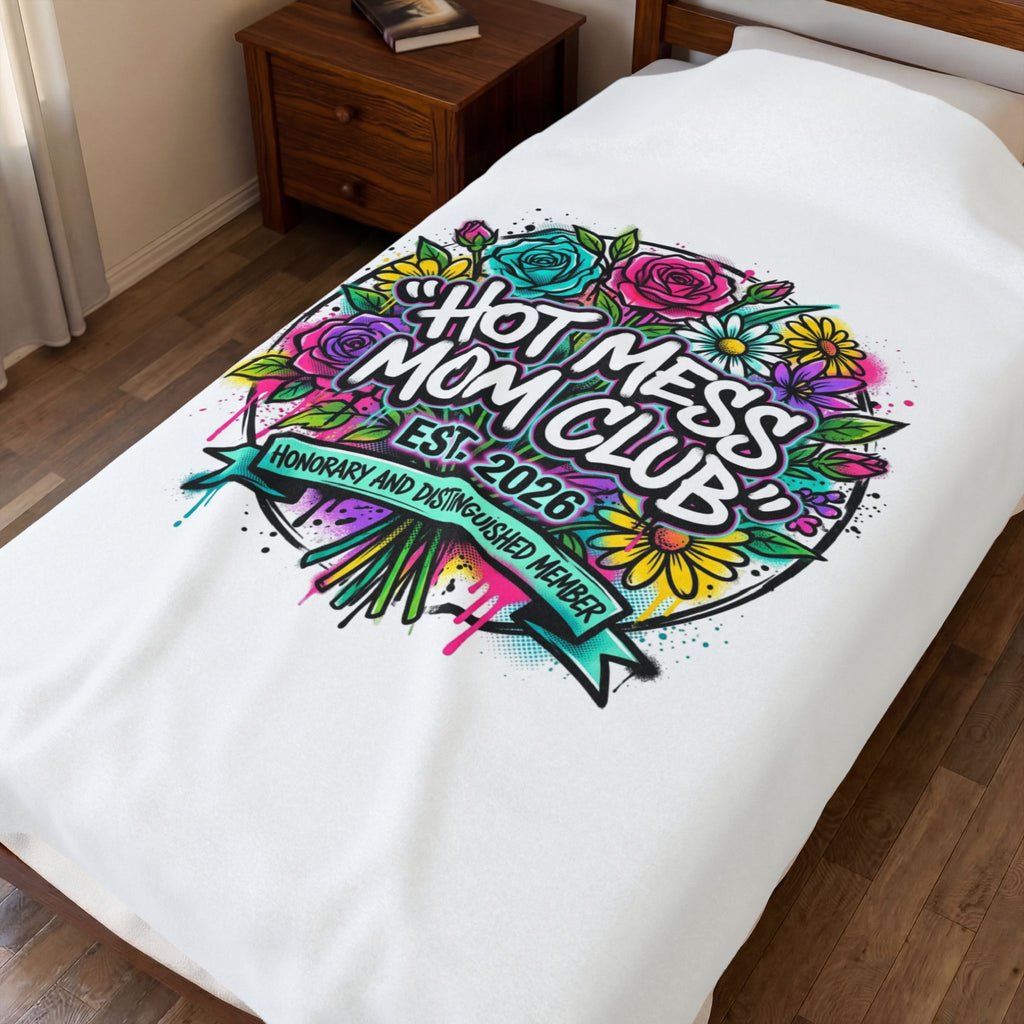 Hot Mess Mom Club Velveteen Plush Blanket | Mother’s Day minimalist typographic mom décor