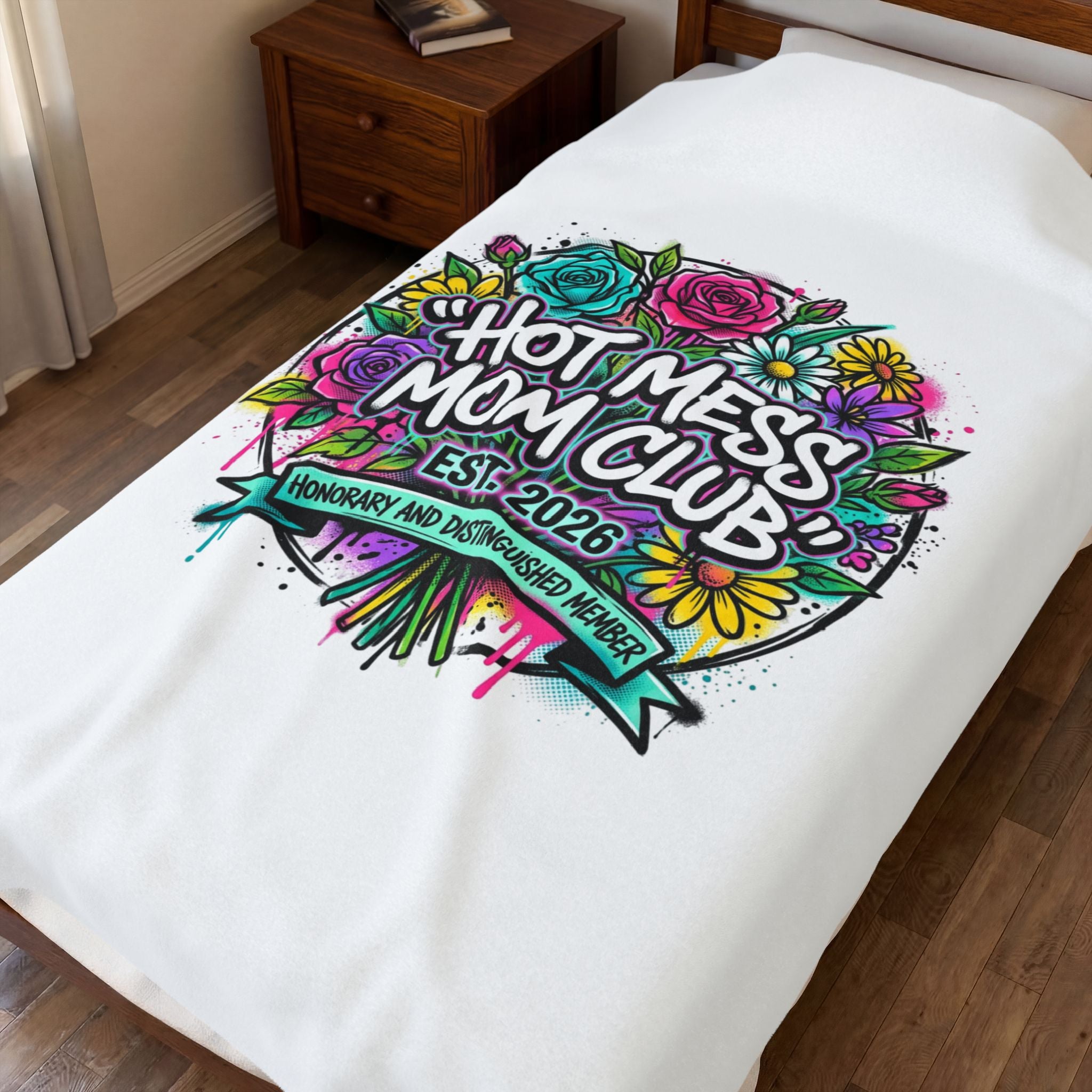 Hot Mess Mom Club Velveteen Plush Blanket | Mother’s Day minimalist typographic mom décor