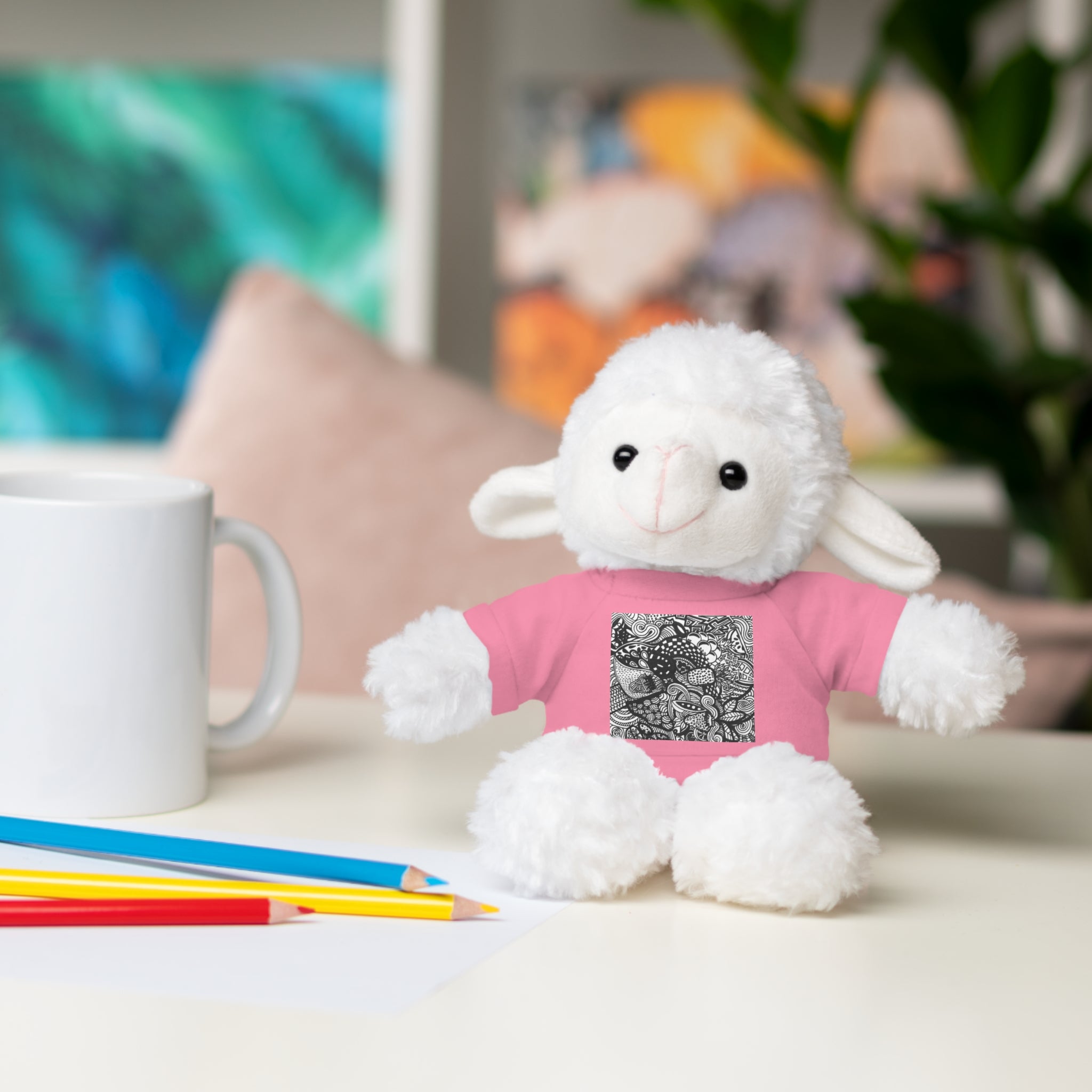 Black and White Zentangle Stuffed Animal Gift with Printed Tee