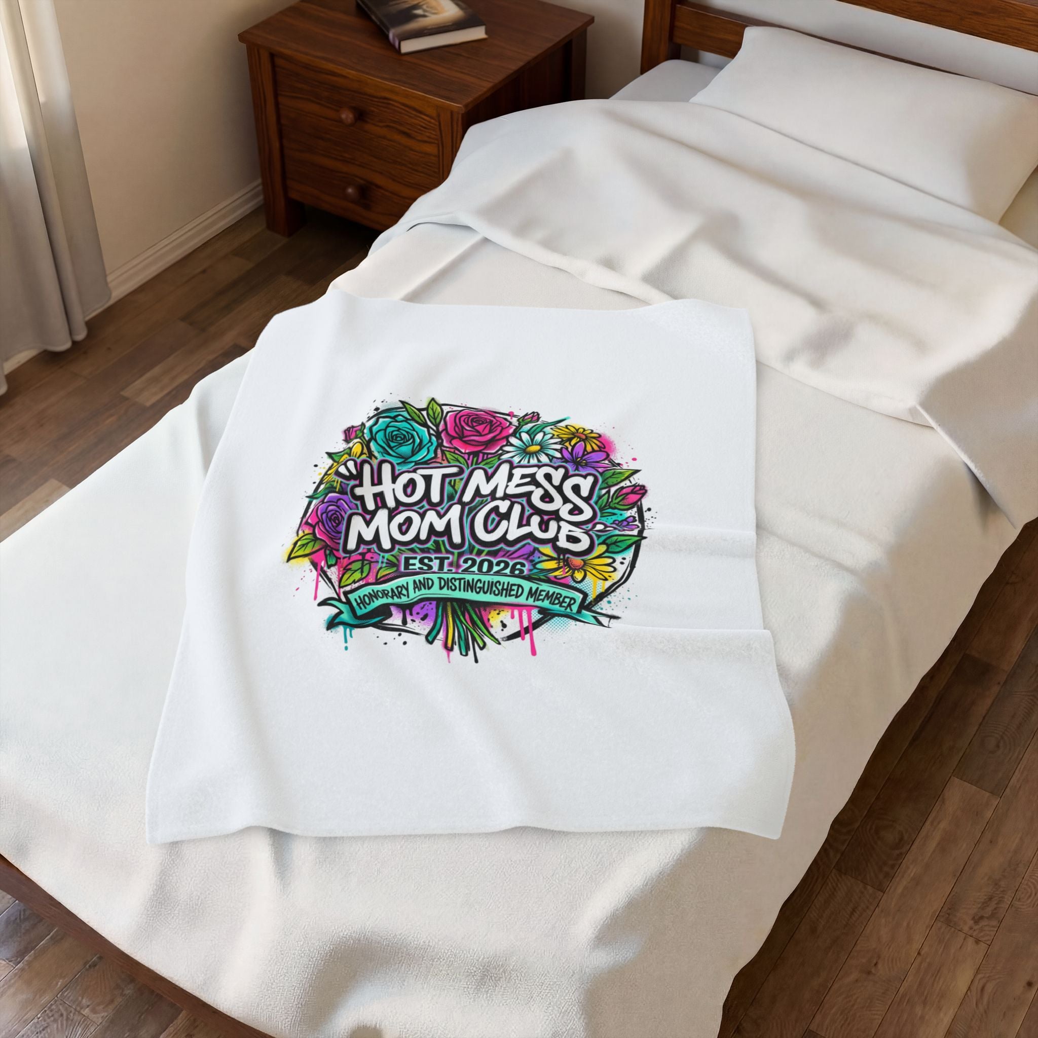 Hot Mess Mom Club Velveteen Plush Blanket | Mother’s Day minimalist typographic mom décor