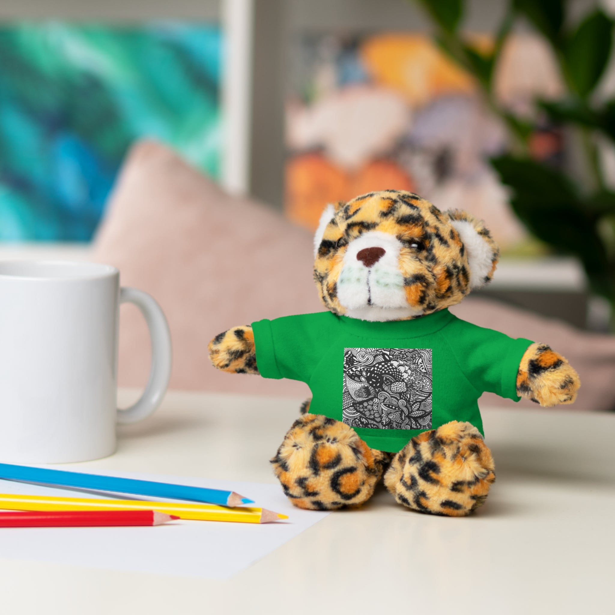 Black and White Zentangle Stuffed Animal Gift with Printed Tee